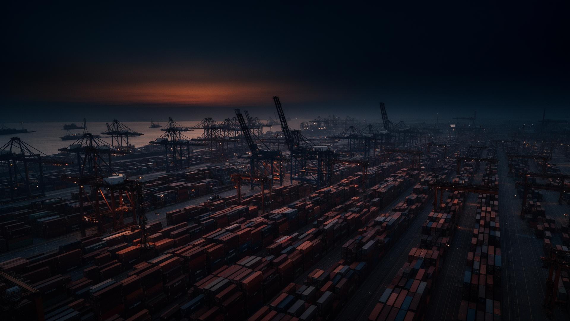 Industrial shipping port at dusk